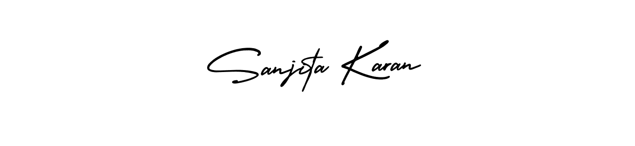 You should practise on your own different ways (AmerikaSignatureDemo-Regular) to write your name (Sanjita Karan) in signature. don't let someone else do it for you. Sanjita Karan signature style 3 images and pictures png