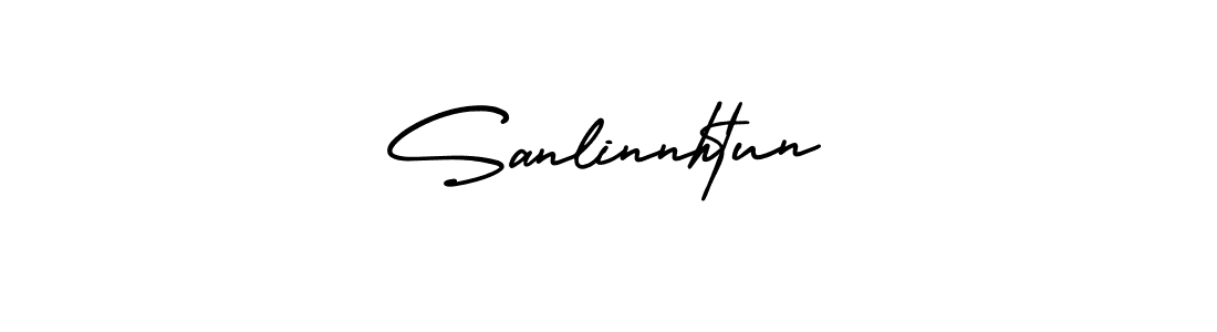 You should practise on your own different ways (AmerikaSignatureDemo-Regular) to write your name (Sanlinnhtun) in signature. don't let someone else do it for you. Sanlinnhtun signature style 3 images and pictures png