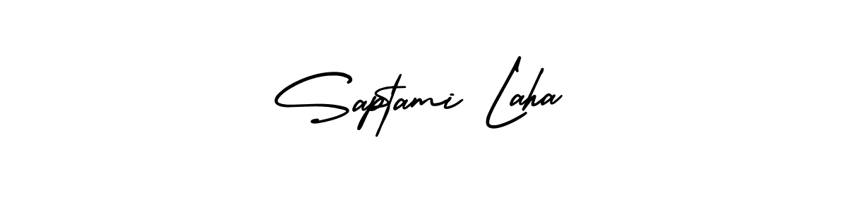 You should practise on your own different ways (AmerikaSignatureDemo-Regular) to write your name (Saptami Laha) in signature. don't let someone else do it for you. Saptami Laha signature style 3 images and pictures png