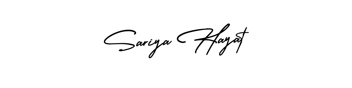 You should practise on your own different ways (AmerikaSignatureDemo-Regular) to write your name (Sariya Hayat) in signature. don't let someone else do it for you. Sariya Hayat signature style 3 images and pictures png