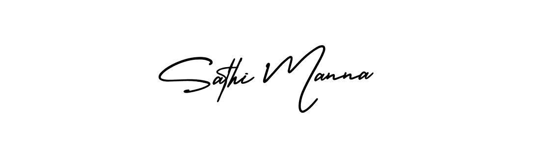 You should practise on your own different ways (AmerikaSignatureDemo-Regular) to write your name (Sathi Manna) in signature. don't let someone else do it for you. Sathi Manna signature style 3 images and pictures png