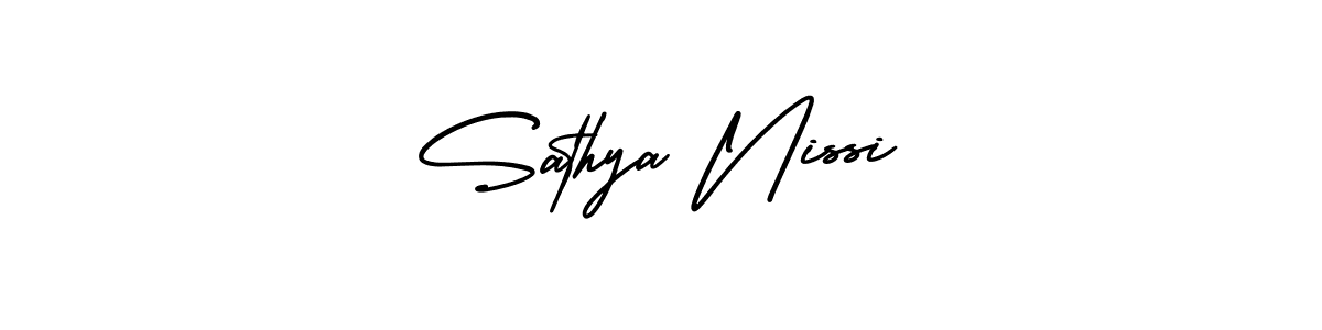 You should practise on your own different ways (AmerikaSignatureDemo-Regular) to write your name (Sathya Nissi) in signature. don't let someone else do it for you. Sathya Nissi signature style 3 images and pictures png