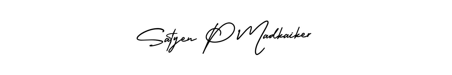 You should practise on your own different ways (AmerikaSignatureDemo-Regular) to write your name (Satyen P Madkaiker) in signature. don't let someone else do it for you. Satyen P Madkaiker signature style 3 images and pictures png