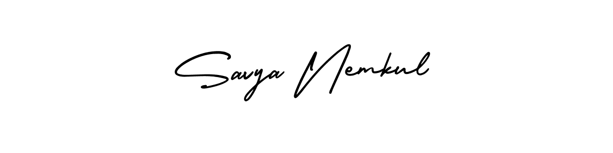 You should practise on your own different ways (AmerikaSignatureDemo-Regular) to write your name (Savya Nemkul) in signature. don't let someone else do it for you. Savya Nemkul signature style 3 images and pictures png