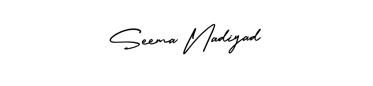 This is the best signature style for the Seema Nadiyad name. Also you like these signature font (AmerikaSignatureDemo-Regular). Mix name signature. Seema Nadiyad signature style 3 images and pictures png