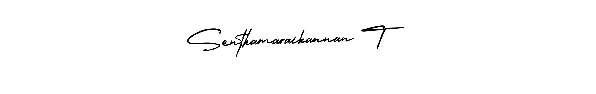You should practise on your own different ways (AmerikaSignatureDemo-Regular) to write your name (Senthamaraikannan T) in signature. don't let someone else do it for you. Senthamaraikannan T signature style 3 images and pictures png