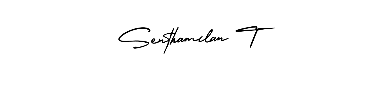 You should practise on your own different ways (AmerikaSignatureDemo-Regular) to write your name (Senthamilan T) in signature. don't let someone else do it for you. Senthamilan T signature style 3 images and pictures png