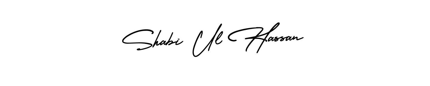 You should practise on your own different ways (AmerikaSignatureDemo-Regular) to write your name (Shabi Ul Hassan) in signature. don't let someone else do it for you. Shabi Ul Hassan signature style 3 images and pictures png