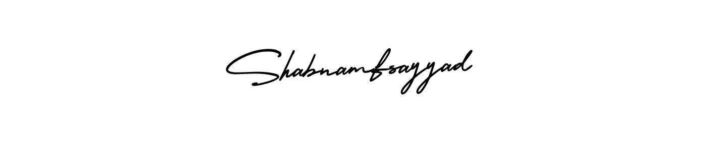 The best way (AmerikaSignatureDemo-Regular) to make a short signature is to pick only two or three words in your name. The name Shabnamfsayyad include a total of six letters. For converting this name. Shabnamfsayyad signature style 3 images and pictures png