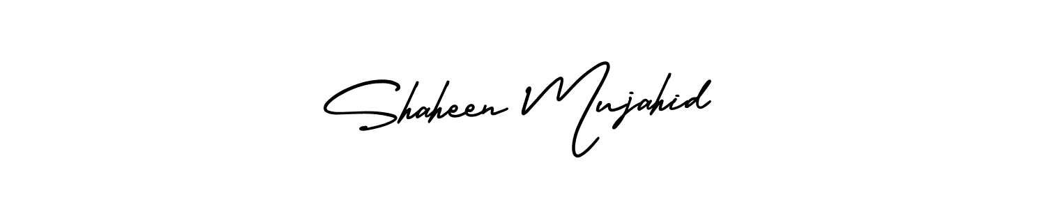 The best way (AmerikaSignatureDemo-Regular) to make a short signature is to pick only two or three words in your name. The name Shaheen Mujahid include a total of six letters. For converting this name. Shaheen Mujahid signature style 3 images and pictures png