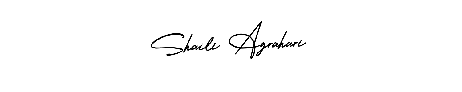 You should practise on your own different ways (AmerikaSignatureDemo-Regular) to write your name (Shaili Agrahari) in signature. don't let someone else do it for you. Shaili Agrahari signature style 3 images and pictures png
