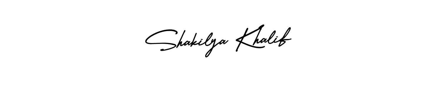You should practise on your own different ways (AmerikaSignatureDemo-Regular) to write your name (Shakilya Khalif) in signature. don't let someone else do it for you. Shakilya Khalif signature style 3 images and pictures png
