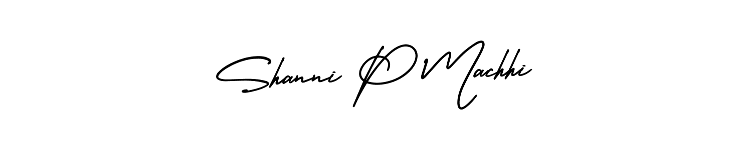 You should practise on your own different ways (AmerikaSignatureDemo-Regular) to write your name (Shanni P Machhi) in signature. don't let someone else do it for you. Shanni P Machhi signature style 3 images and pictures png