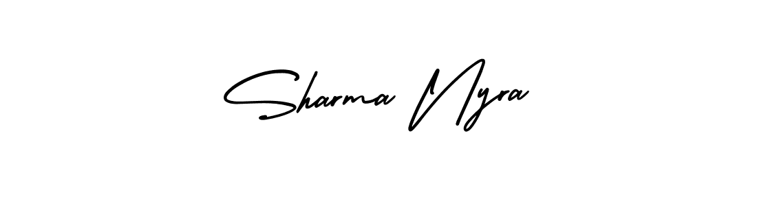 You should practise on your own different ways (AmerikaSignatureDemo-Regular) to write your name (Sharma Nyra) in signature. don't let someone else do it for you. Sharma Nyra signature style 3 images and pictures png