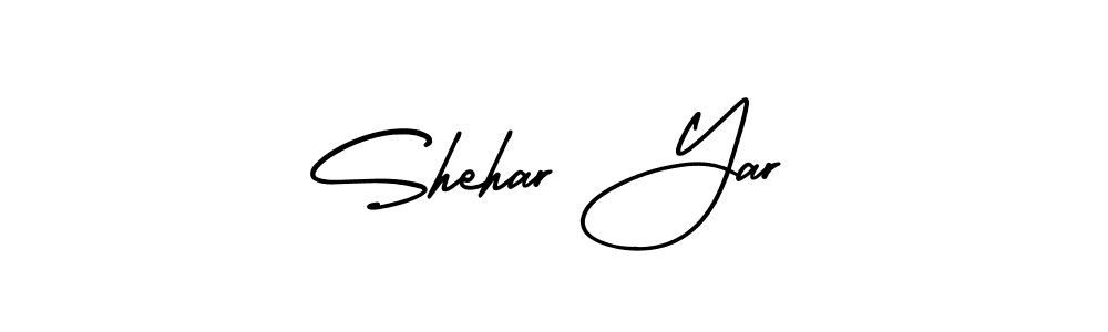 You should practise on your own different ways (AmerikaSignatureDemo-Regular) to write your name (Shehar Yar) in signature. don't let someone else do it for you. Shehar Yar signature style 3 images and pictures png