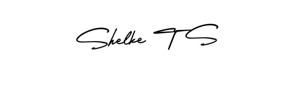 You should practise on your own different ways (AmerikaSignatureDemo-Regular) to write your name (Shelke T S) in signature. don't let someone else do it for you. Shelke T S signature style 3 images and pictures png