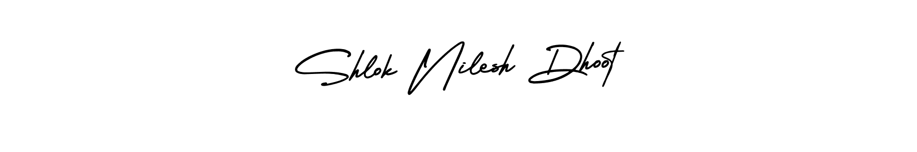 You should practise on your own different ways (AmerikaSignatureDemo-Regular) to write your name (Shlok Nilesh Dhoot) in signature. don't let someone else do it for you. Shlok Nilesh Dhoot signature style 3 images and pictures png