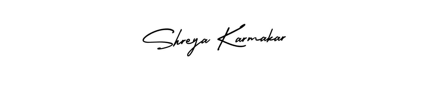 This is the best signature style for the Shreya Karmakar name. Also you like these signature font (AmerikaSignatureDemo-Regular). Mix name signature. Shreya Karmakar signature style 3 images and pictures png