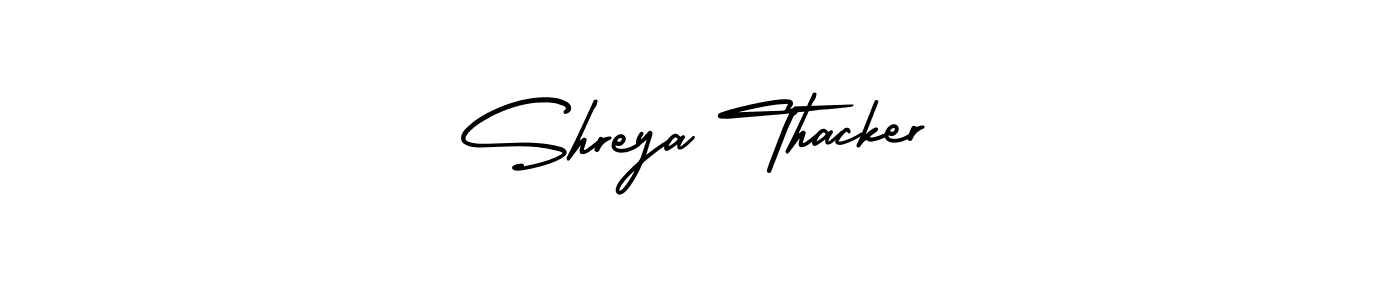 This is the best signature style for the Shreya Thacker name. Also you like these signature font (AmerikaSignatureDemo-Regular). Mix name signature. Shreya Thacker signature style 3 images and pictures png