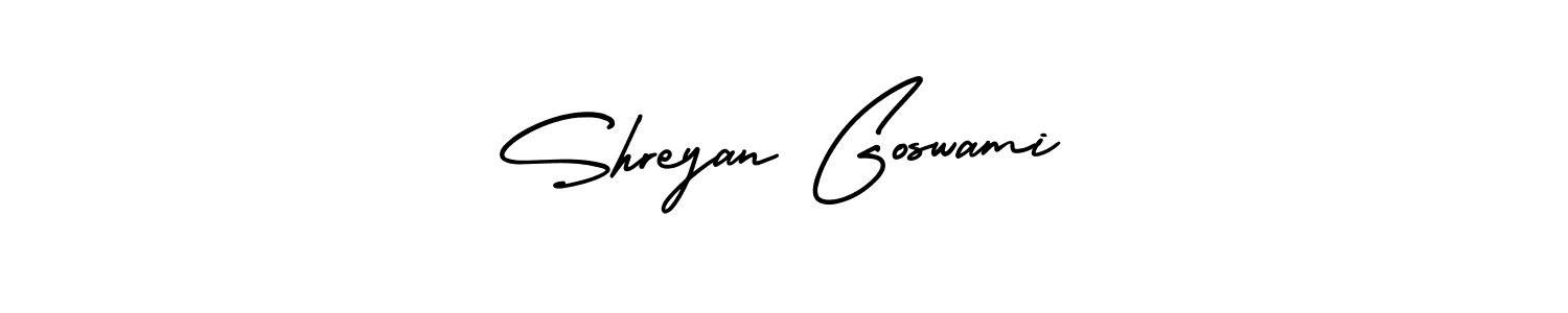 The best way (AmerikaSignatureDemo-Regular) to make a short signature is to pick only two or three words in your name. The name Shreyan Goswami include a total of six letters. For converting this name. Shreyan Goswami signature style 3 images and pictures png