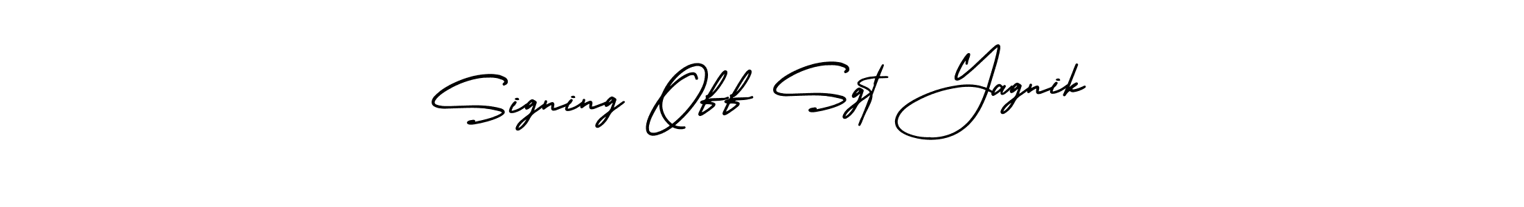 The best way (AmerikaSignatureDemo-Regular) to make a short signature is to pick only two or three words in your name. The name Signing Off Sgt Yagnik include a total of six letters. For converting this name. Signing Off Sgt Yagnik signature style 3 images and pictures png