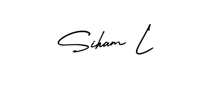 You should practise on your own different ways (AmerikaSignatureDemo-Regular) to write your name (Siham L) in signature. don't let someone else do it for you. Siham L signature style 3 images and pictures png