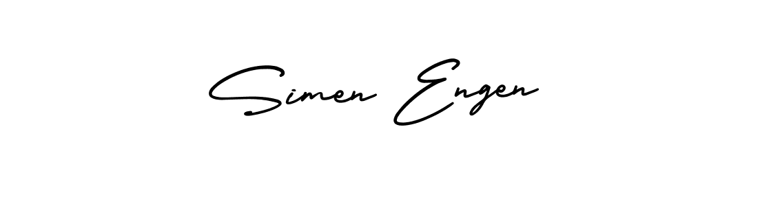 You should practise on your own different ways (AmerikaSignatureDemo-Regular) to write your name (Simen Engen) in signature. don't let someone else do it for you. Simen Engen signature style 3 images and pictures png