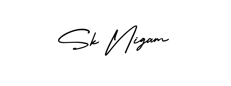 You should practise on your own different ways (AmerikaSignatureDemo-Regular) to write your name (Sk Nigam) in signature. don't let someone else do it for you. Sk Nigam signature style 3 images and pictures png
