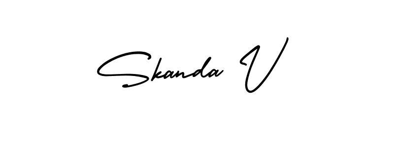 How to make Skanda V name signature. Use AmerikaSignatureDemo-Regular style for creating short signs online. This is the latest handwritten sign. Skanda V signature style 3 images and pictures png