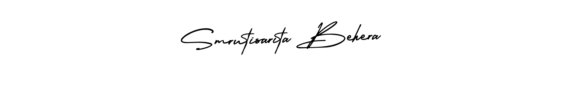This is the best signature style for the Smrutisarita Behera name. Also you like these signature font (AmerikaSignatureDemo-Regular). Mix name signature. Smrutisarita Behera signature style 3 images and pictures png
