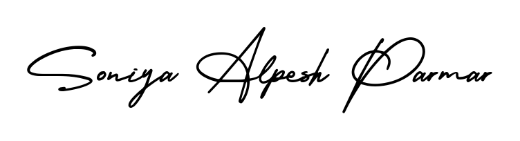 The AmerikaSignatureDemo-Regular typeface gives name Soniya Alpesh Parmar a refined look. Suitable for certificates, diplomas, and official verification. Soniya Alpesh Parmar signature style 3 images and pictures png