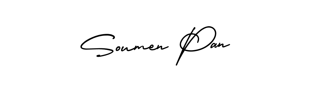 You should practise on your own different ways (AmerikaSignatureDemo-Regular) to write your name (Soumen Pan) in signature. don't let someone else do it for you. Soumen Pan signature style 3 images and pictures png
