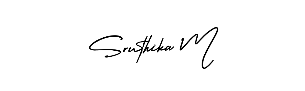 You should practise on your own different ways (AmerikaSignatureDemo-Regular) to write your name (Sruthika M) in signature. don't let someone else do it for you. Sruthika M signature style 3 images and pictures png