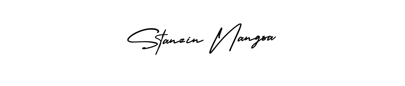 You should practise on your own different ways (AmerikaSignatureDemo-Regular) to write your name (Stanzin Nangsa) in signature. don't let someone else do it for you. Stanzin Nangsa signature style 3 images and pictures png