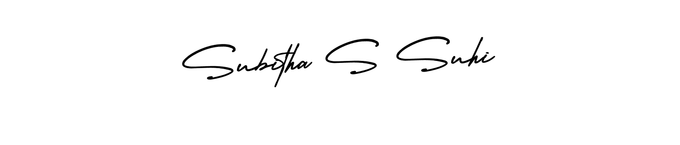 The best way (AmerikaSignatureDemo-Regular) to make a short signature is to pick only two or three words in your name. The name Subitha S Suhi include a total of six letters. For converting this name. Subitha S Suhi signature style 3 images and pictures png