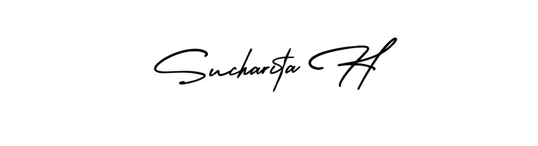 You should practise on your own different ways (AmerikaSignatureDemo-Regular) to write your name (Sucharita H) in signature. don't let someone else do it for you. Sucharita H signature style 3 images and pictures png