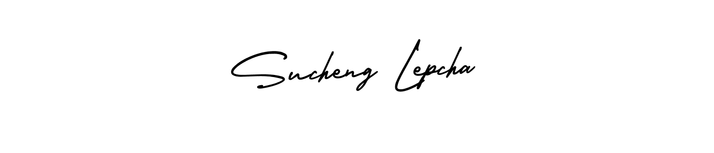You should practise on your own different ways (AmerikaSignatureDemo-Regular) to write your name (Sucheng Lepcha) in signature. don't let someone else do it for you. Sucheng Lepcha signature style 3 images and pictures png