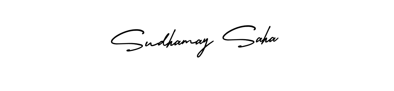 The best way (AmerikaSignatureDemo-Regular) to make a short signature is to pick only two or three words in your name. The name Sudhamay Saha include a total of six letters. For converting this name. Sudhamay Saha signature style 3 images and pictures png