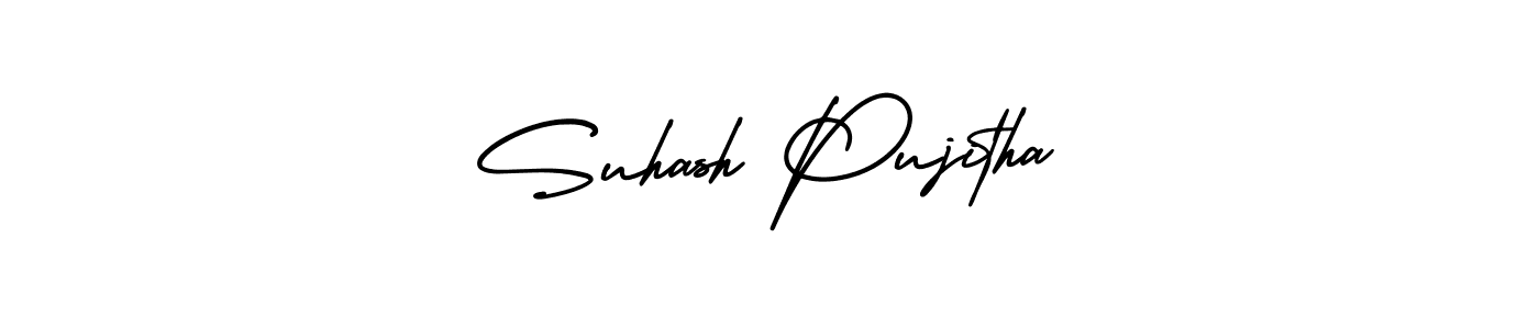 You should practise on your own different ways (AmerikaSignatureDemo-Regular) to write your name (Suhash Pujitha) in signature. don't let someone else do it for you. Suhash Pujitha signature style 3 images and pictures png