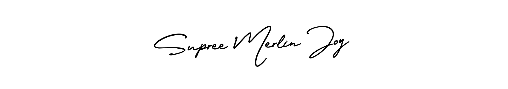 How to make Supree Merlin Joy name signature. Use AmerikaSignatureDemo-Regular style for creating short signs online. This is the latest handwritten sign. Supree Merlin Joy signature style 3 images and pictures png