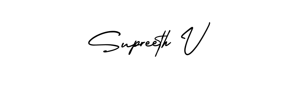 The best way (AmerikaSignatureDemo-Regular) to make a short signature is to pick only two or three words in your name. The name Supreeth V include a total of six letters. For converting this name. Supreeth V signature style 3 images and pictures png