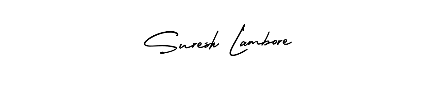 You should practise on your own different ways (AmerikaSignatureDemo-Regular) to write your name (Suresh Lambore) in signature. don't let someone else do it for you. Suresh Lambore signature style 3 images and pictures png