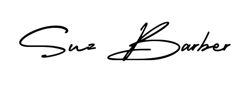 A sleek calligraphic signature for name Suz Barber utilizing AmerikaSignatureDemo-Regular styling. Great for adding personal signatures to photos and art. Suz Barber signature style 3 images and pictures png