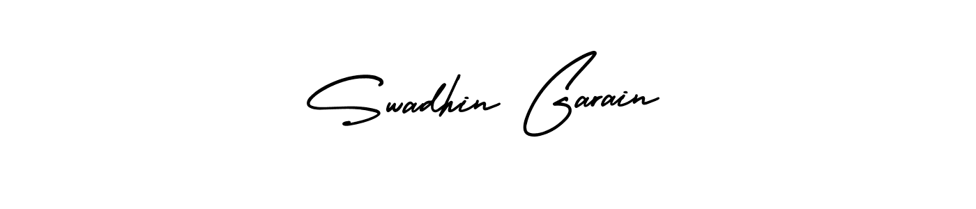 You should practise on your own different ways (AmerikaSignatureDemo-Regular) to write your name (Swadhin Garain) in signature. don't let someone else do it for you. Swadhin Garain signature style 3 images and pictures png
