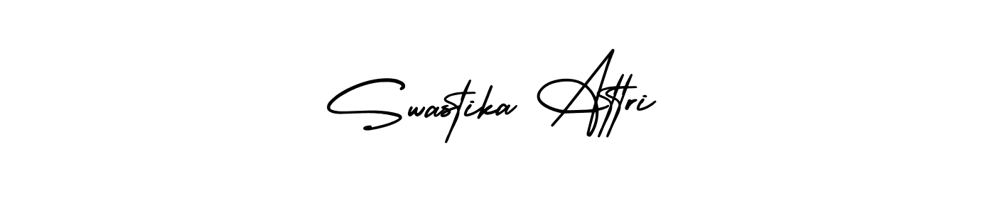 You should practise on your own different ways (AmerikaSignatureDemo-Regular) to write your name (Swastika Attri) in signature. don't let someone else do it for you. Swastika Attri signature style 3 images and pictures png