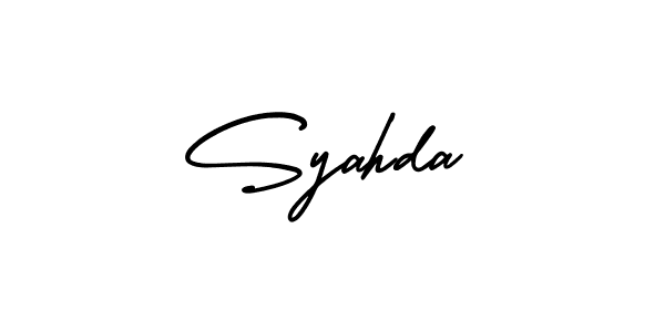 You should practise on your own different ways (AmerikaSignatureDemo-Regular) to write your name (Syahda) in signature. don't let someone else do it for you. Syahda signature style 3 images and pictures png