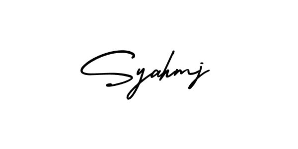 You should practise on your own different ways (AmerikaSignatureDemo-Regular) to write your name (Syahmj) in signature. don't let someone else do it for you. Syahmj signature style 3 images and pictures png