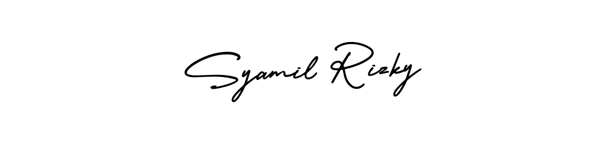 This is the best signature style for the Syamil Rizky name. Also you like these signature font (AmerikaSignatureDemo-Regular). Mix name signature. Syamil Rizky signature style 3 images and pictures png