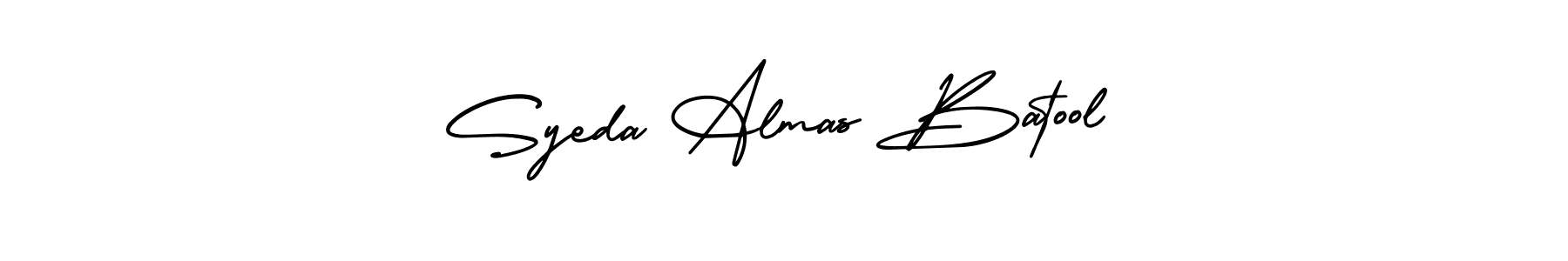 You should practise on your own different ways (AmerikaSignatureDemo-Regular) to write your name (Syeda Almas Batool) in signature. don't let someone else do it for you. Syeda Almas Batool signature style 3 images and pictures png