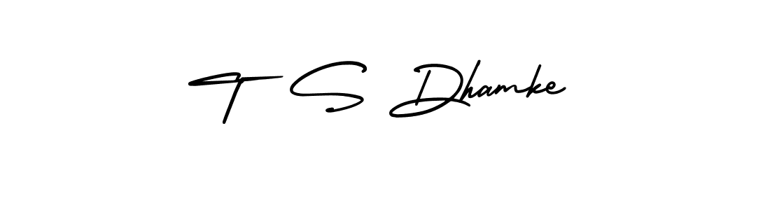 You should practise on your own different ways (AmerikaSignatureDemo-Regular) to write your name (T  S Dhamke) in signature. don't let someone else do it for you. T  S Dhamke signature style 3 images and pictures png